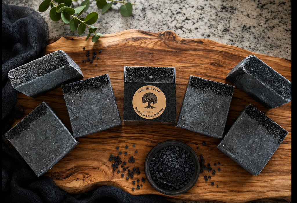Midnight Diamond Handcrafted Salt Bar, Cold process Soap By Zion Hill Farm on a Rustic wooden board.